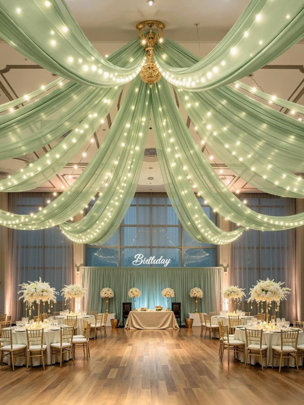 6 Panels Green Ceiling Curtains with Lights for Weddings - 5ftx10ft Wrinkle-Free